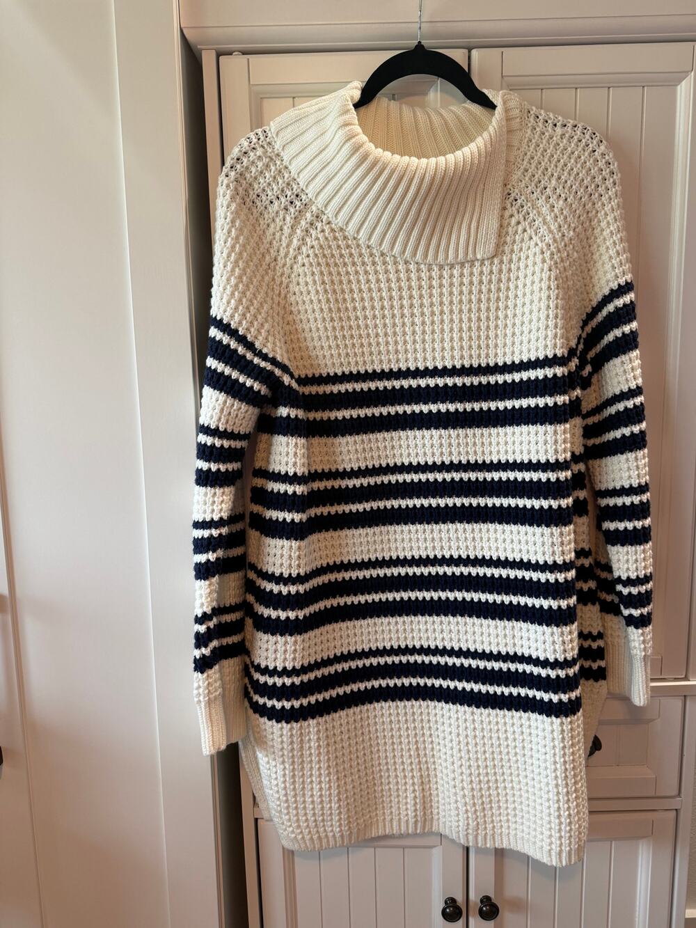 Land's End cable knit navy cream striped sweater dress with collar XL EUC